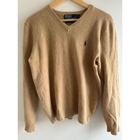 Polo By Ralph Lauren Mens Tan Lambs Wool Knitted V-Neck Pullover Sweater Size XL - Picture 1 of 5